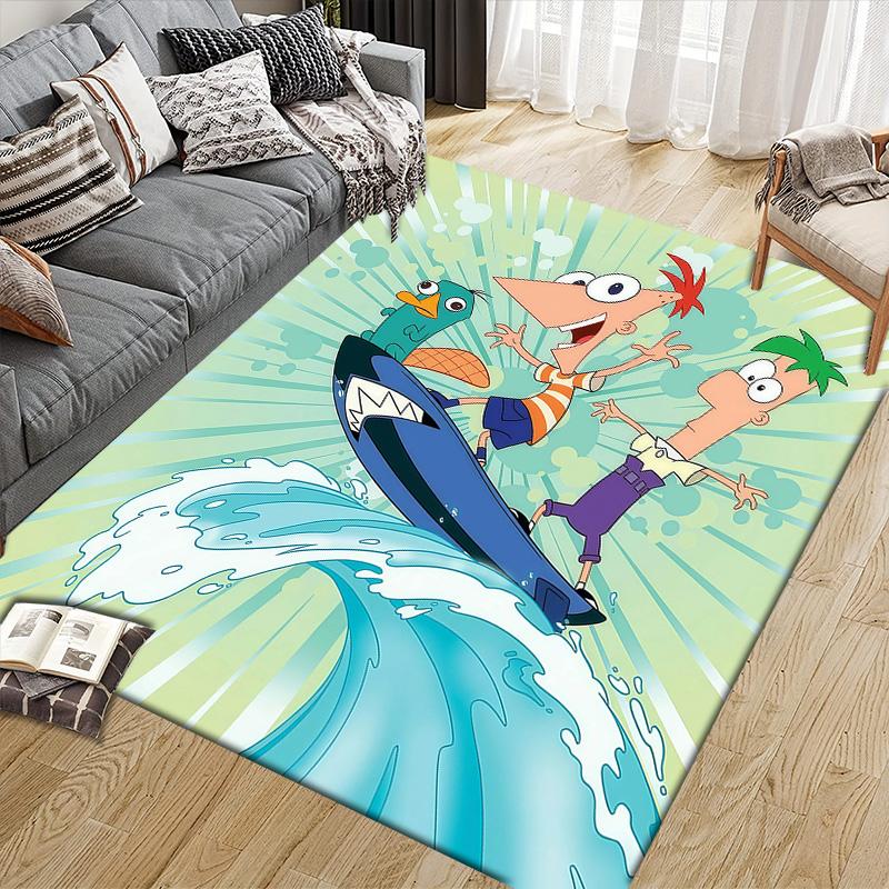 Phineas and Ferb2 Flannel Pattern Square Carpet,Area Rug,Carpet Rug for Living Room Bedroom Sofa Playroom Decor,Non-slip Floor Mat