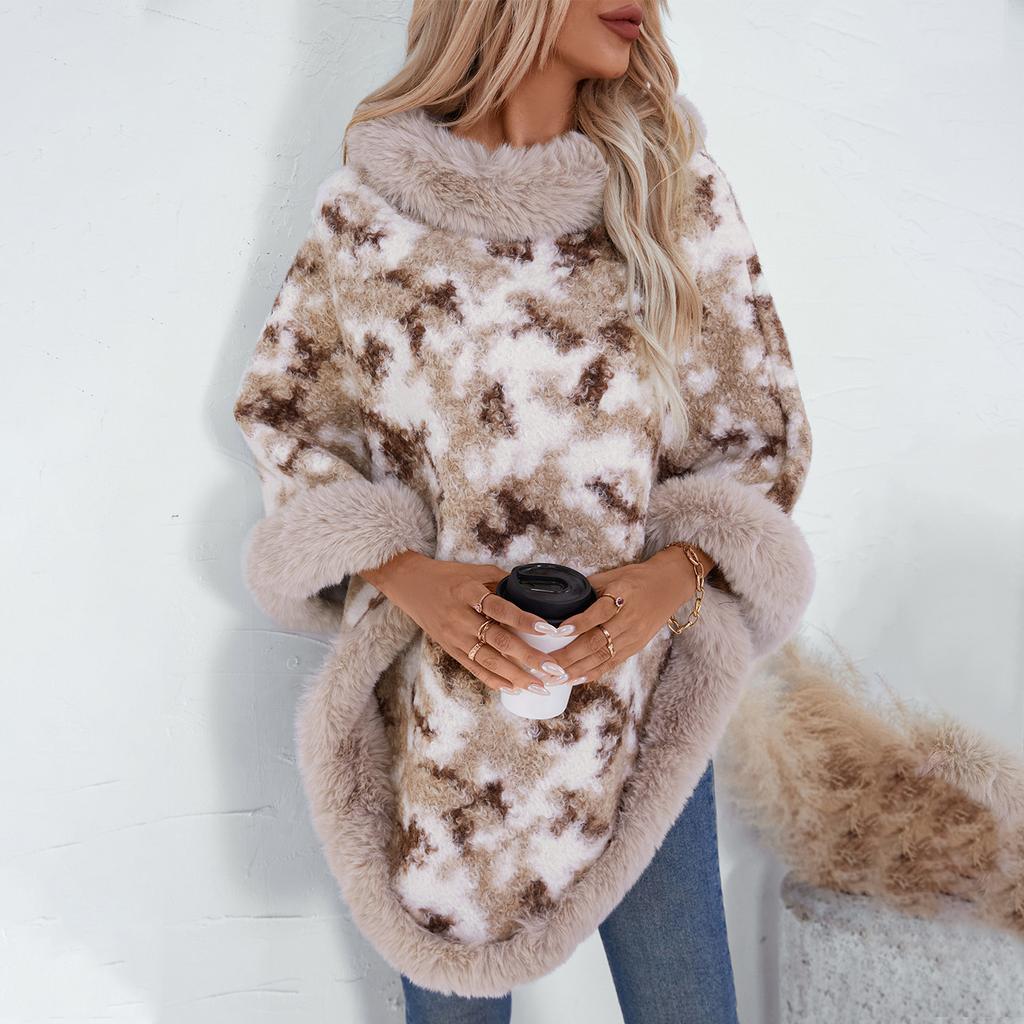 Women's Casual Poncho Faux Fur Shawl Wrap Cape with Faux Fur Trim Winter Sleeveless Cloak Coat Warm Pullover Luxury Knitted Sweater Poncho for Women