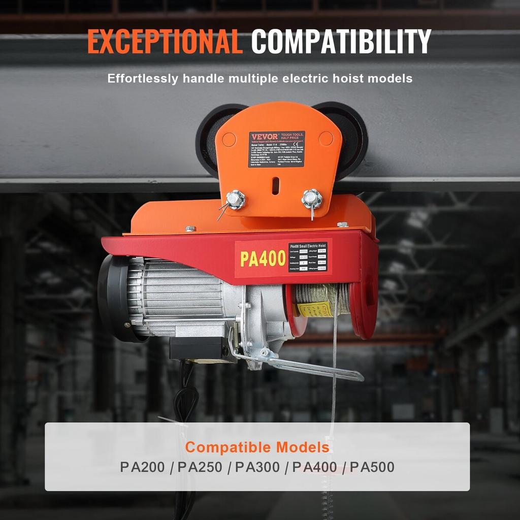 Electric Hoist Manual Trolley, 2200 lbs/1 Ton Capacity for PA200 PA250 PA300 PA400 PA500, Push Beam Trolley with Dual Wheels, 2.68"-4.33" Adjustable
