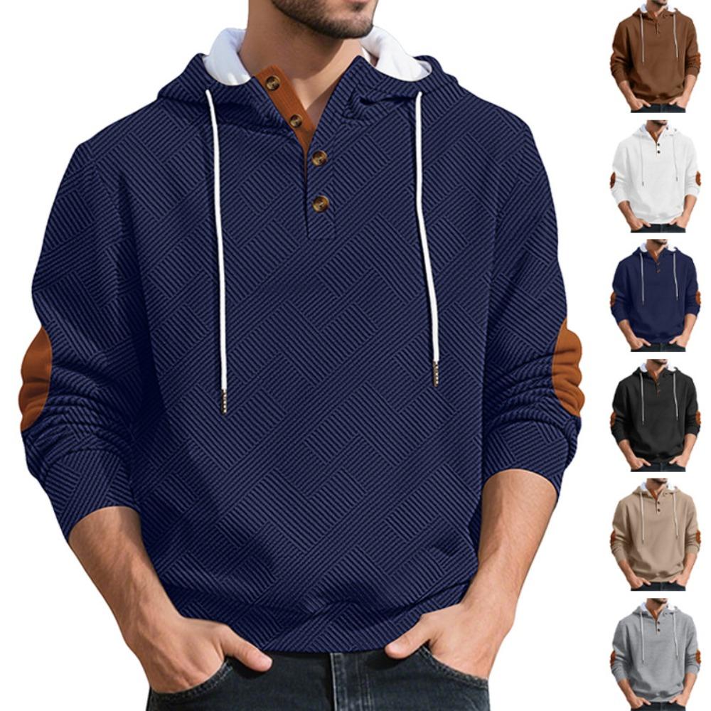 New Mens Fashion Pullover Hooded Long Sleeve Drawstring Button Sweatshirt Streetwear Texture Athletic Hiking Outdoor Jackets