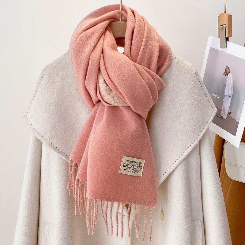 Pink Scarf Women's Winter Shawl Dual-purpose Versatile Imitation Cashmere Solid Color Dual-purpose Thickened Long Double-sided Scarf
