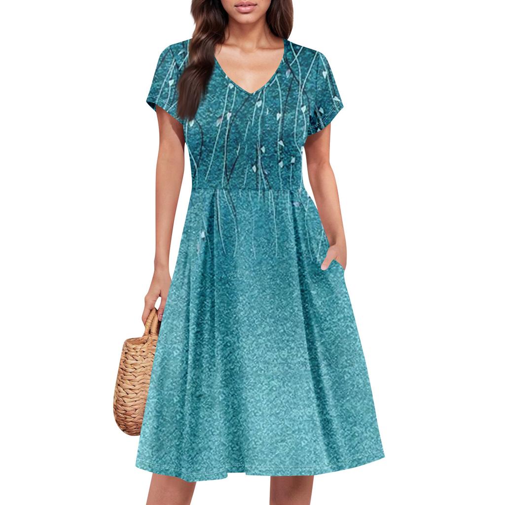 Womens Summer Dress Short Sleeve V Neck Short Dresses Fashion Casual Flowy A Line Swing Sundress With Pocket