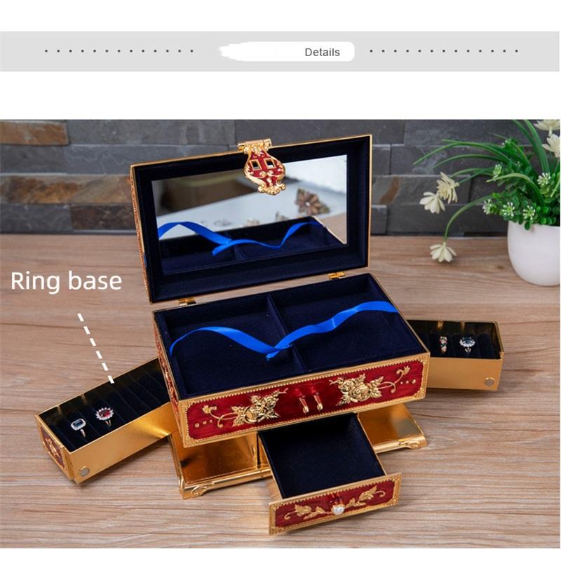 Металлическая шкатулка для украшений, многослойная, большая вместимость, ручка для хранения украшений с зеркалом