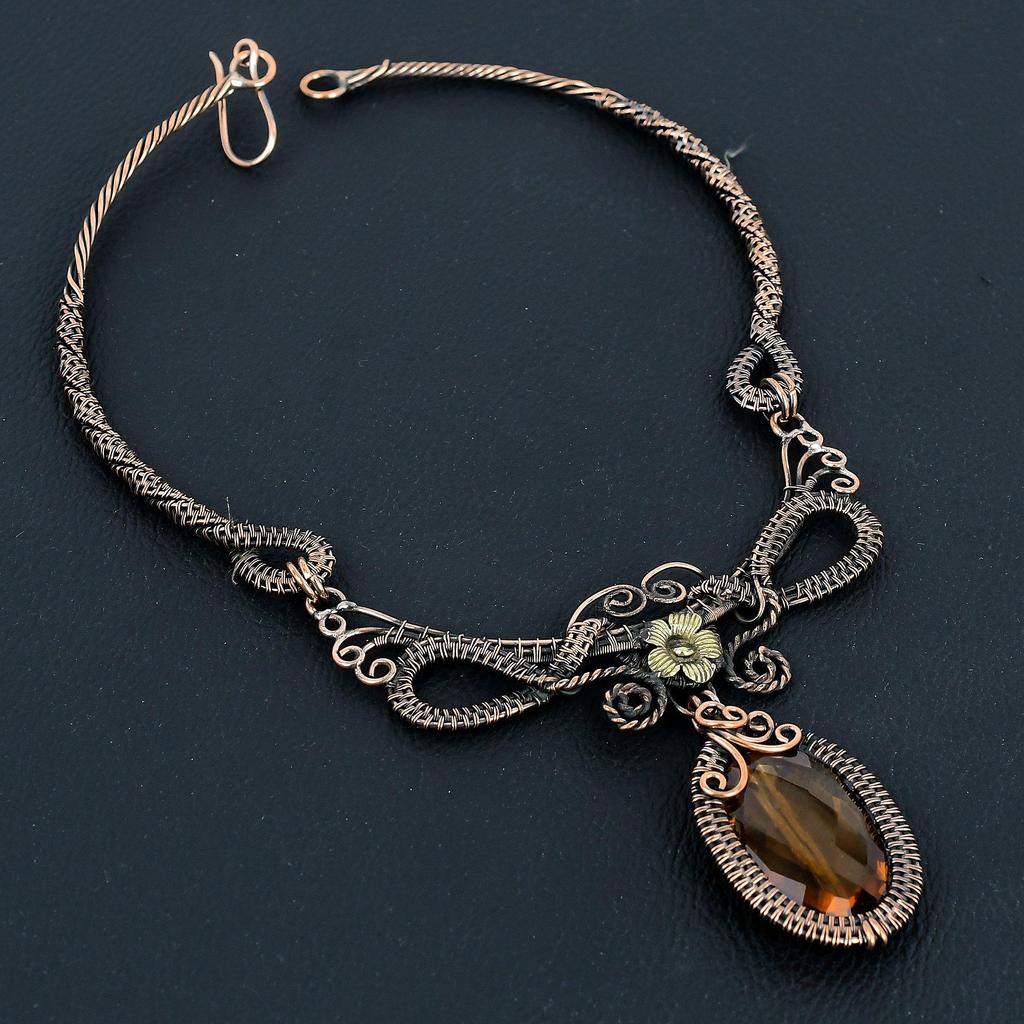 Ожерелье с цитрином, украшения ручной работы, ожерелье, обернутое медной проволокой 999 пробы, дизайнерские украшения с драгоценными камнями, ожерелье с регулируемой цепочкой, подарок для мамы