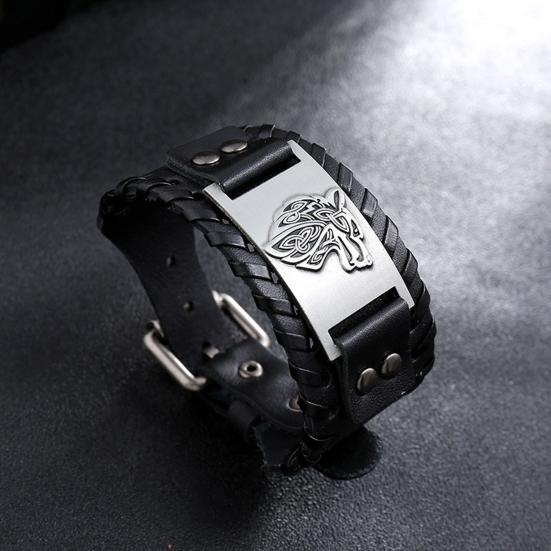Мужской браслет, регулируемый широкий мягкий плетеный браслет из искусственной кожи в стиле ретро, ​​браслет-манжета с головой животного