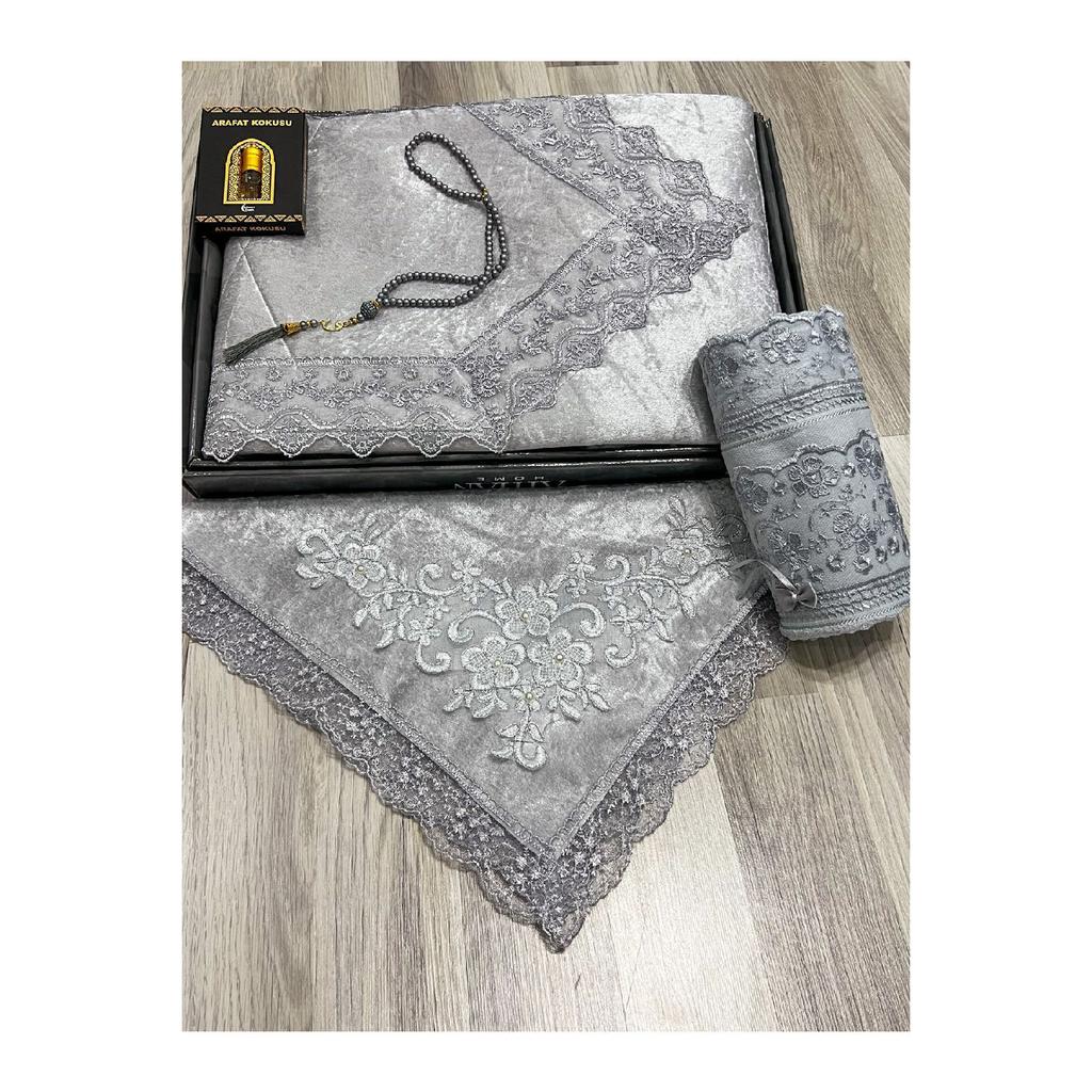 5 Piece Prayer Mat Set, Dowry Bundle Boxed, Velvet Laced Bride And Groom Set