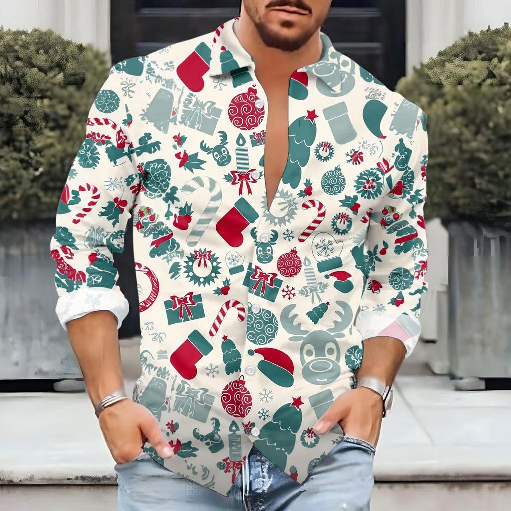 Men'S Christmas Casual Loose Fitting Long Sleeved Printed Shirt