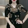 Fashionable Mommy Wear V-neck Base Shirt Middle-aged and Elderly Women Plus Size Loose Lace T-shirt