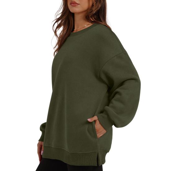 Осенне-зимняя женская толстовка из утолщенного плюша с круглым вырезом, однотонная, свободная, с разрезами по низу, с карманами, пуловер средней длины, теплая спортивная повседневная одежда, топ