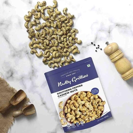 Nutty Gritties Premium Jumbo Size Southern Pepper Cashew Nuts 200g, Natural Flavoured Whole Cashew | Zero Breakage | Resealable Pouch