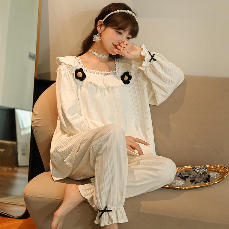 Autumn Winter Women Korean Temperament Retro Sweet Long-sleeved Cotton Pajamas Set Nordic Fashion Palace Style Princess Style Home Clothes