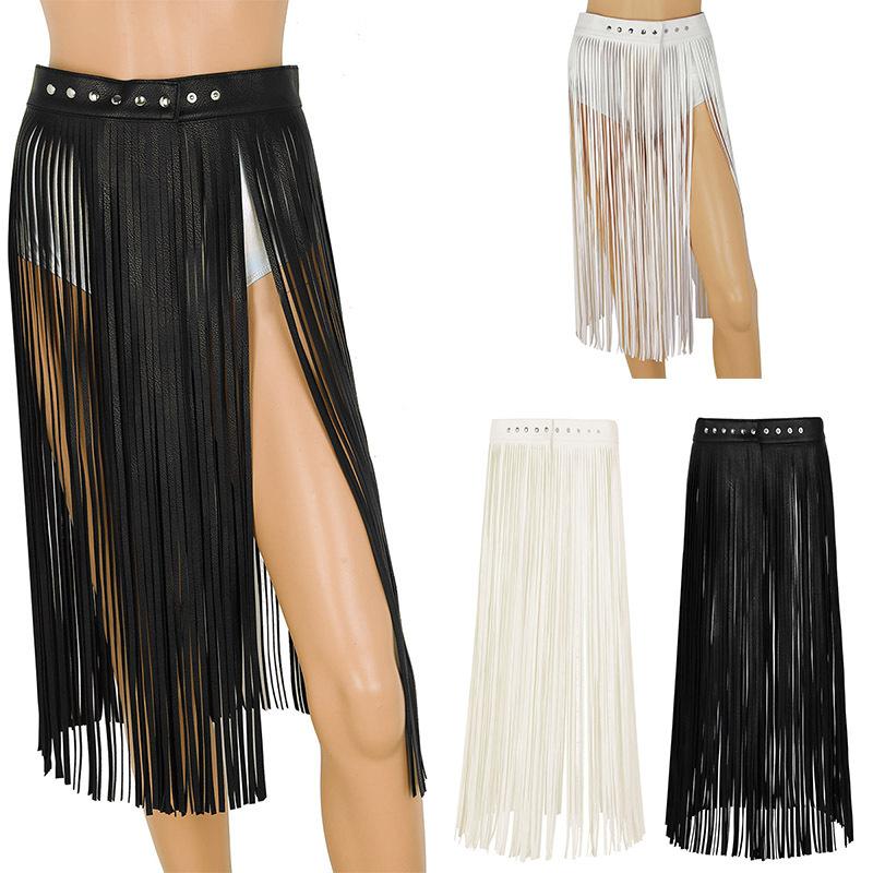 Women Ladies Fashion Faux Leather Adjustable Hippie Boho Waistband Long Fringe Tassel Skirt Belt