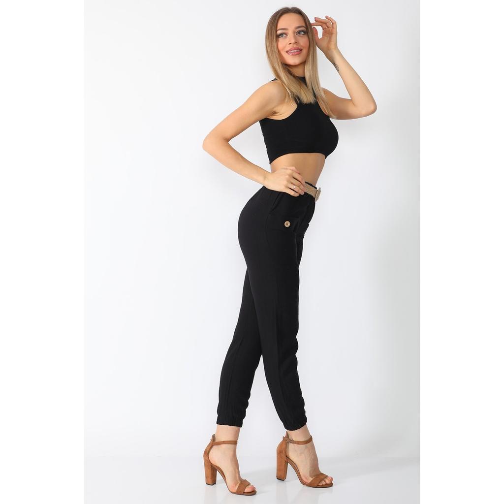 Брюки-морковки с высокой талией и поясом, передние карманы