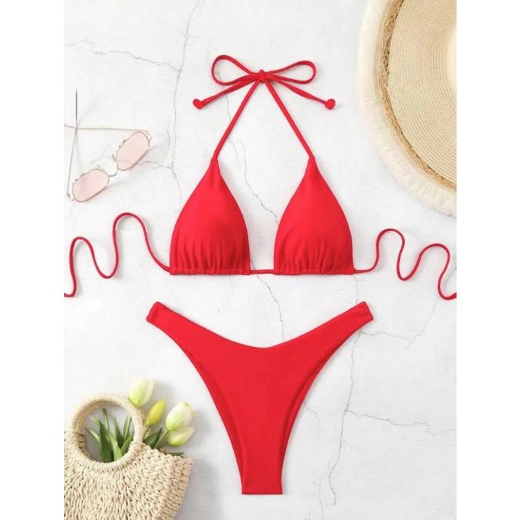 2025 Женский белый купальник бикини с уплотнением на груди, новый сексуальный купальник бикини халтер, комплект из двух частей со шнурками, однотонный бразильский купальник