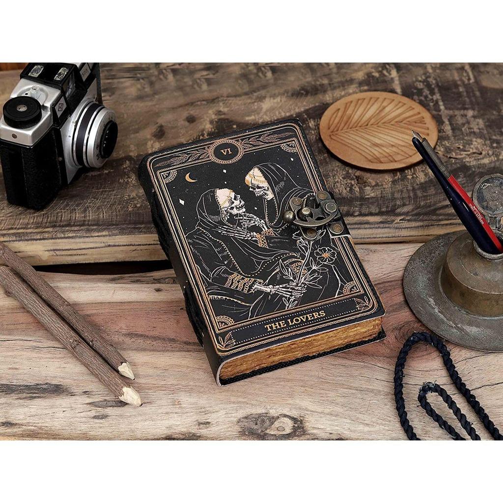 Handmade Book of Spells Of Shadows Leather Journal Deckle Edge Paper Grimoire Printed The Lovers Tarot Spiral Gothic Notebook Vintage Leather Daily