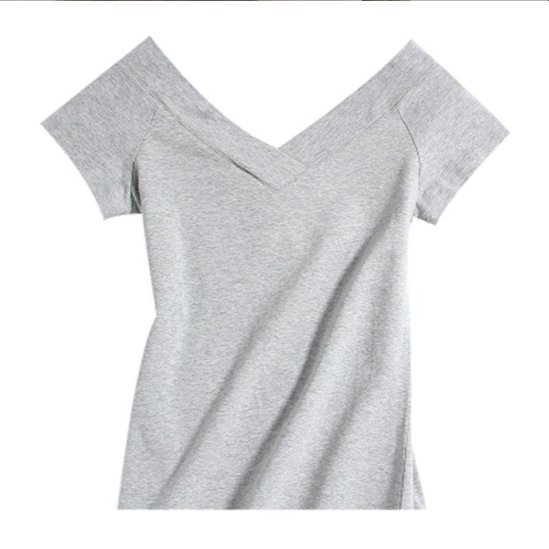 Летняя женская сексуальная футболка с глубоким V-образным вырезом и коротким рукавом, повседневная нерегулярная однотонная футболка большого размера