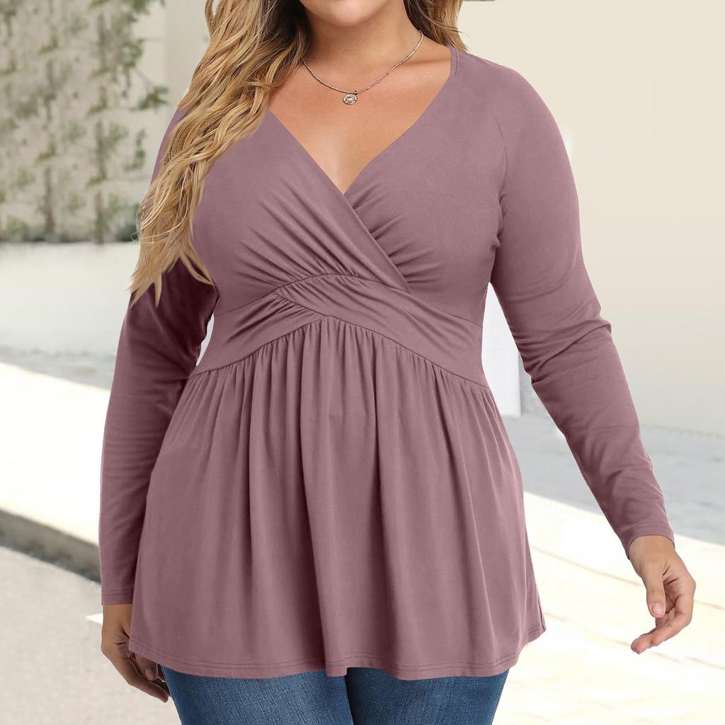 Женская рубашка большого размера с длинным рукавом, принт, плиссированный повседневный топ с V-образным вырезом