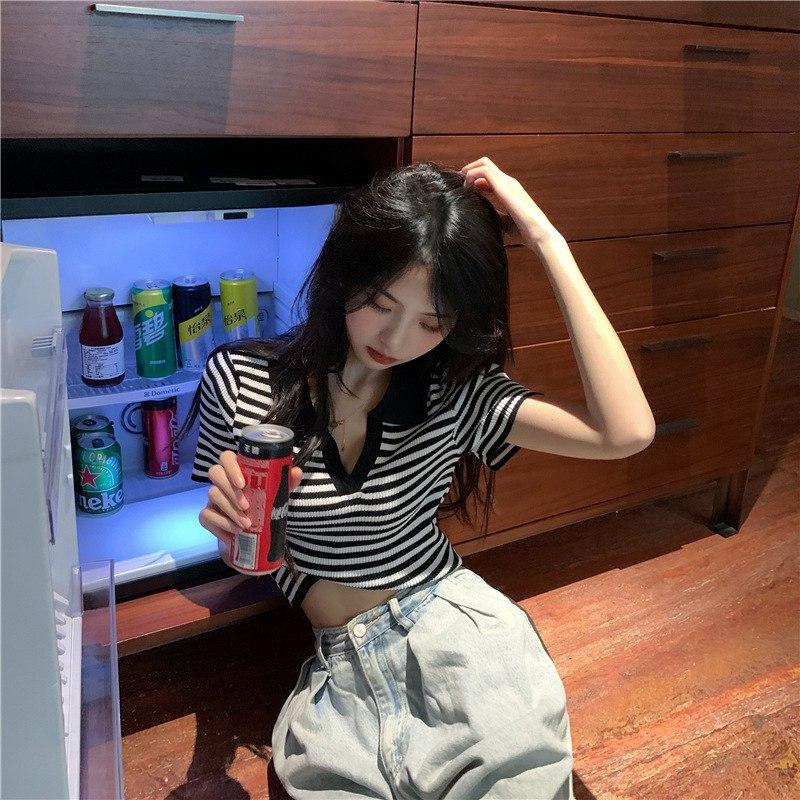 Летние женские трикотажные поло с короткими рукавами и высокой талией, тонкая футболка из ледяного шелка с воротником-поло, полосатые футболки черного, синего цвета