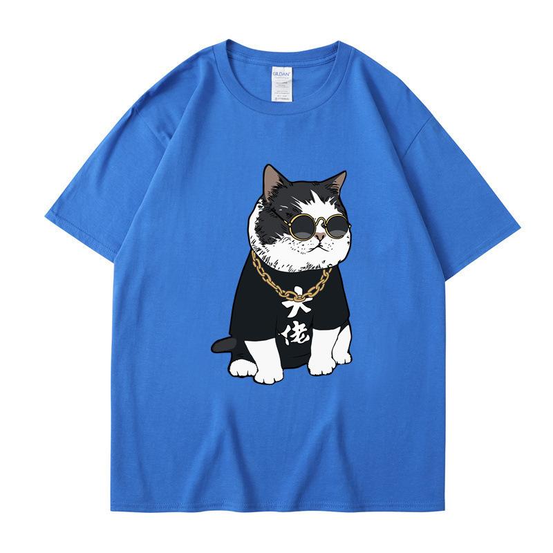 Летняя футболка с круглым вырезом, мультяшным милым принтом кота-босса, модная, повседневная, из чистого хлопка, с коротким рукавом, унисекс для мужчин и женщин