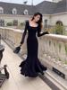 Women's Black Square Neck Long Sleeve Fishtail Bodycon Dress for Autumn/Winter - Elegant and Slimming Temperament