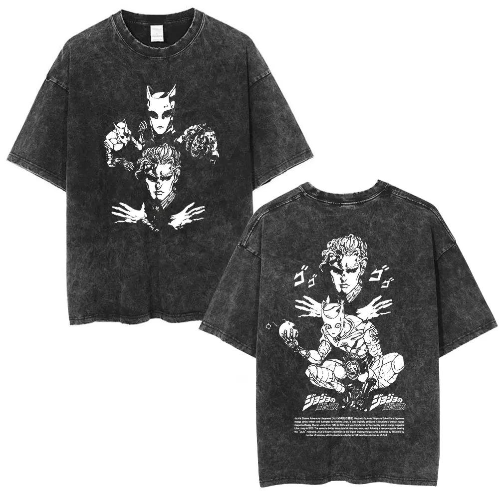 2026 Аниме JoJo's Bizarre Adventure Кира Йошикаге Killer Queen Винтажные стираные футболки Мужские Женские Повседневные Хлопковые футболки с коротким рукавом