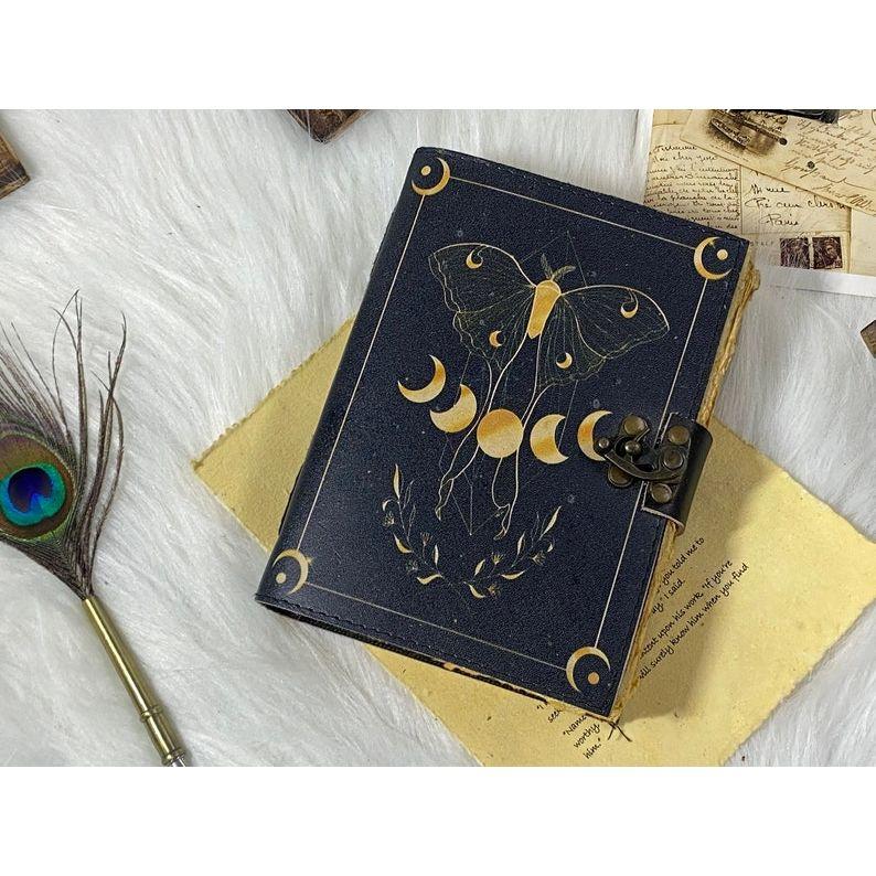 Blank Spell Book of Shadows Handmade Vintage Leather Journal Junk Journal Luma Moth Journal Spell Book Leather Gifts for Men and Women