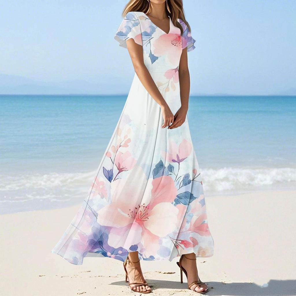 Женское летнее повседневное модное платье с цветочным принтом и V-образным вырезом с коротким рукавом