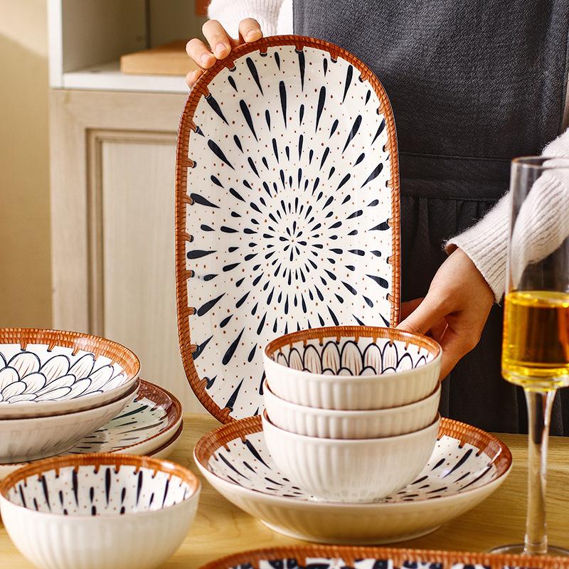 Bamboo Woven Japanese Ceramic Dishes, Dishes, Tableware Creative Retro Household Dishes, Dishes, Underglaze Colored Bowls, Dishes Set