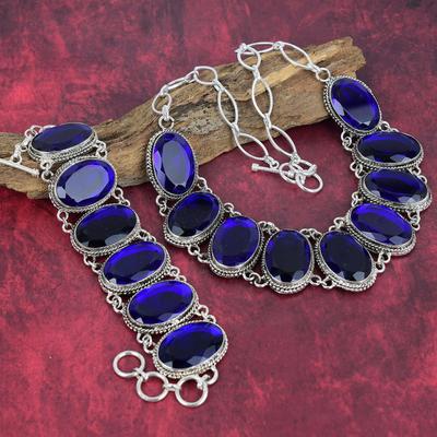 Созданный в лаборатории синий сапфир, драгоценный камень, ожерелье и браслет из стерлингового серебра 925 пробы, удивительный регулируемый комплект украшений ручной работы для сестры