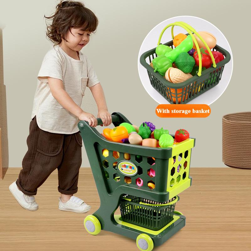 Kids Shopping Cart Toy Kids Trolley Toy Play Kitchen Pretend Play Educational Toy for Boys Girls Not Include Fruit & Food
