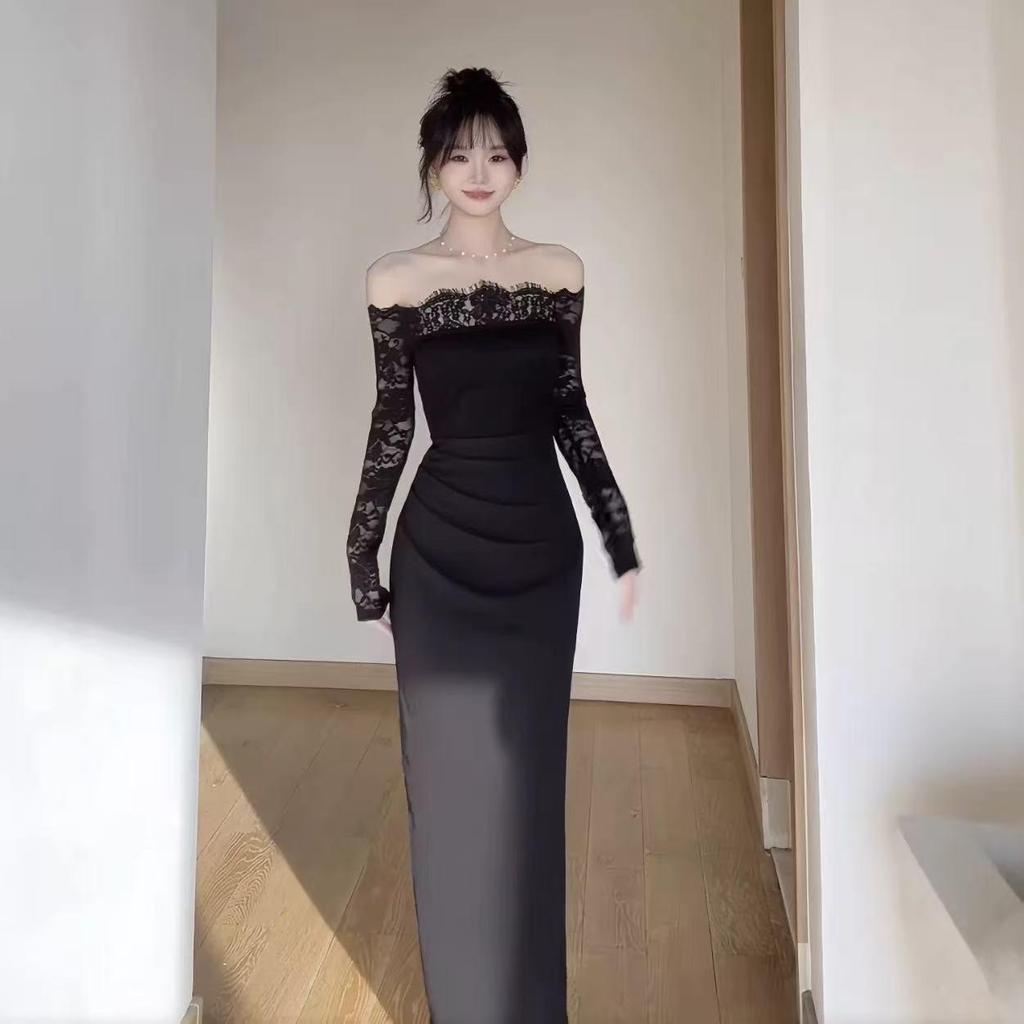 Retro Pure Desire Lace One-Shoulder Dress: Women's 2025 Sexy Long Sleeve, Hip-Hugging Skirt.