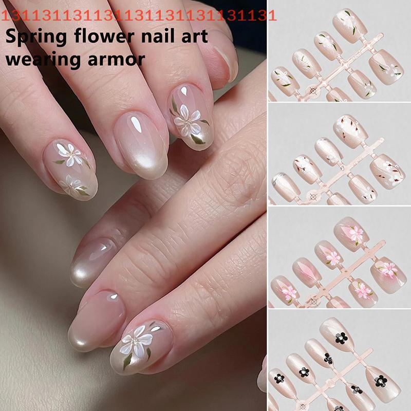 30Pcs Flower Design False Nails Wearable Fake Press on Nails Simple Artificial Cat Eye Nail Art Tips for Easy Nail Enhancements