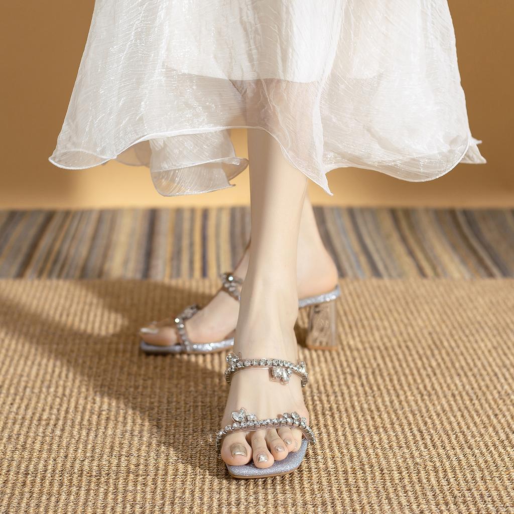 Sweet 2025 Summer New Silver Square Head Sparkling Rhinestone High-heeled Sandals Wear Thick Heels Cool Slippers Women