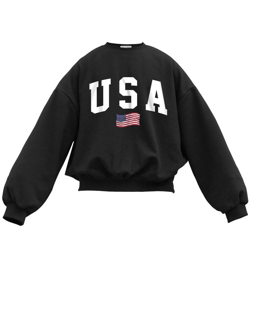 Свитшот Oeta USA Flag, двойной хлопок, свободный крой, спущенное плечо, объемный крой