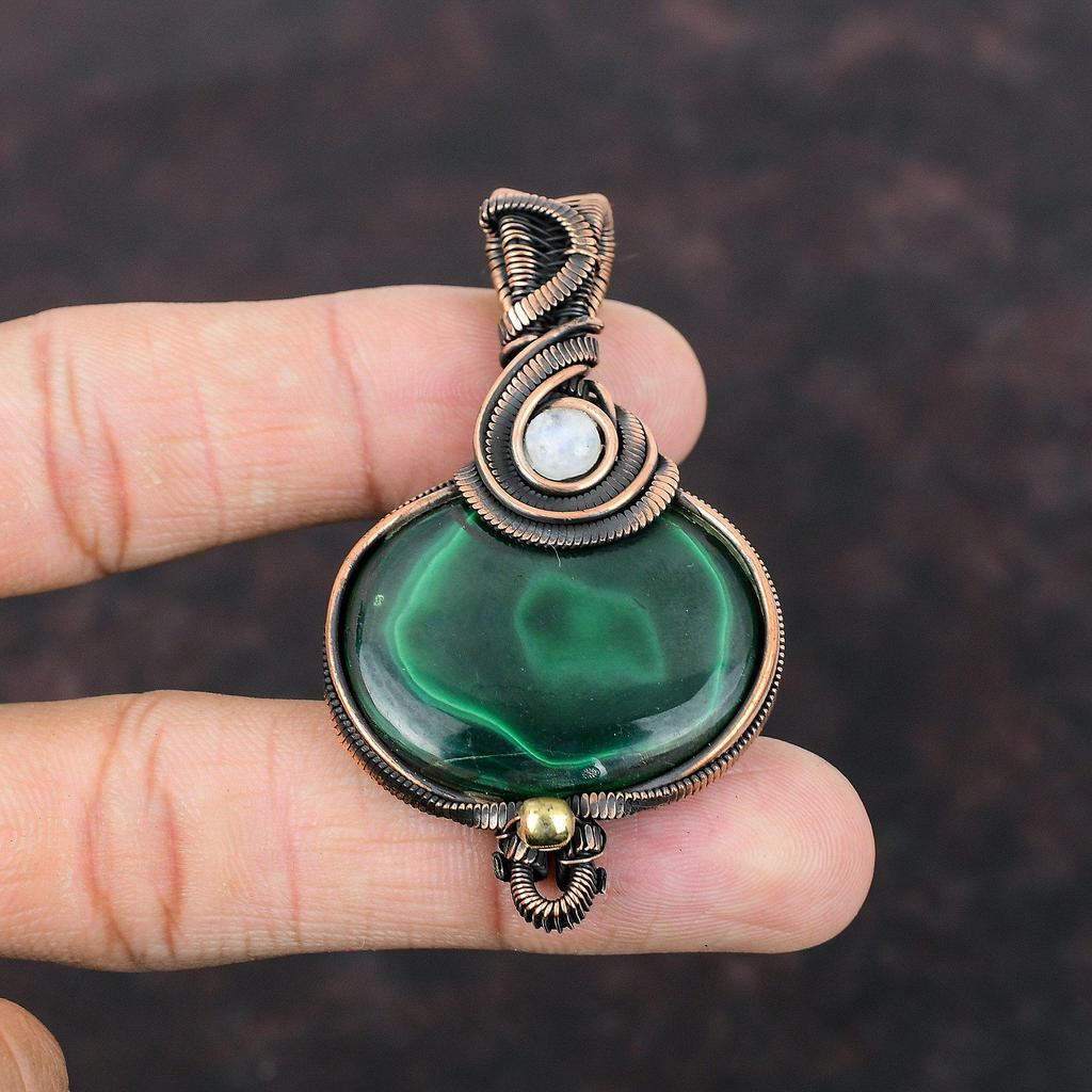 Малахитовая медная проволочная обертка, радужный лунный камень, драгоценный камень, ручная работа, проволочная обертка, дизайнерская подвеска, медные украшения для подарка