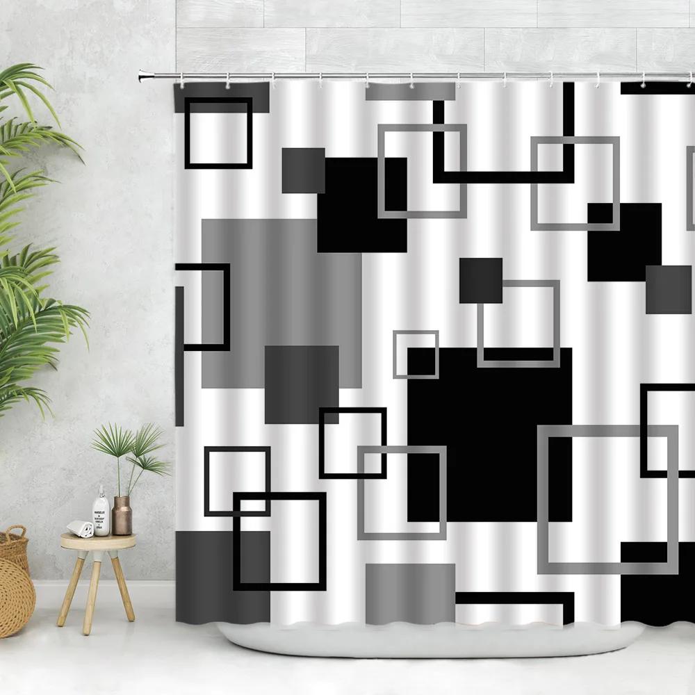 Modern Black Shower Curtain Set with Hooks-Black and White Shower Curtain for Bathroom Fabric Geometric Bath Curtains with Hoo