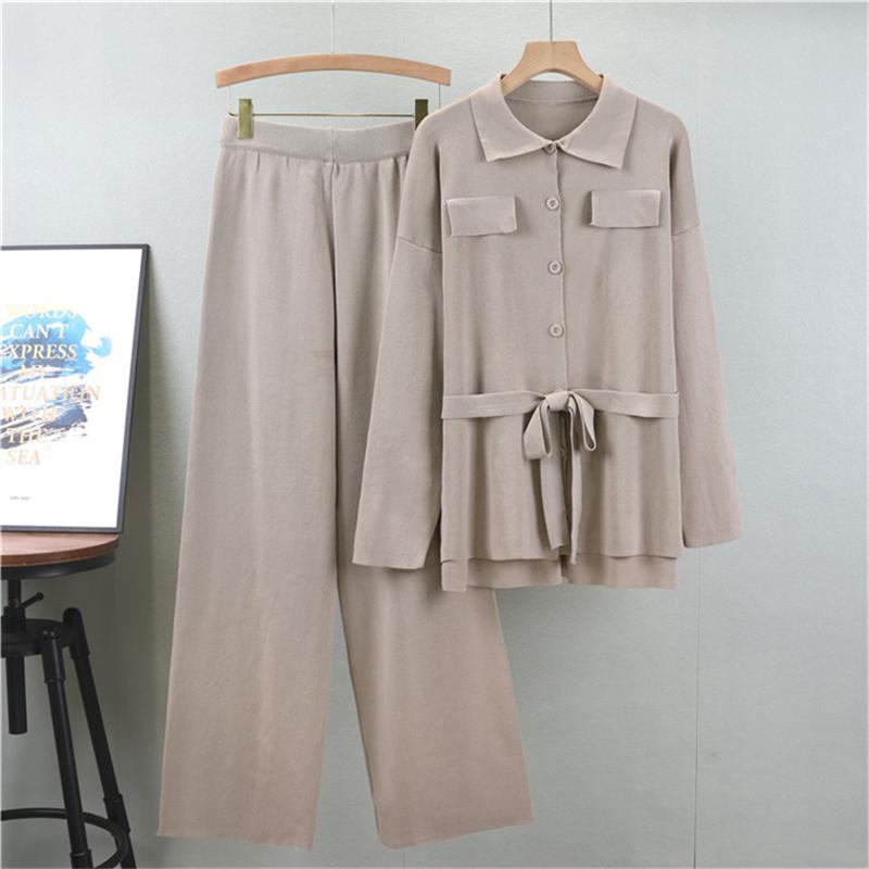 Fashion Knitted Set Women's Autumn New Style Loose Medium To Long Collar Cardigan Wide Leg Pants Two Piece Set
