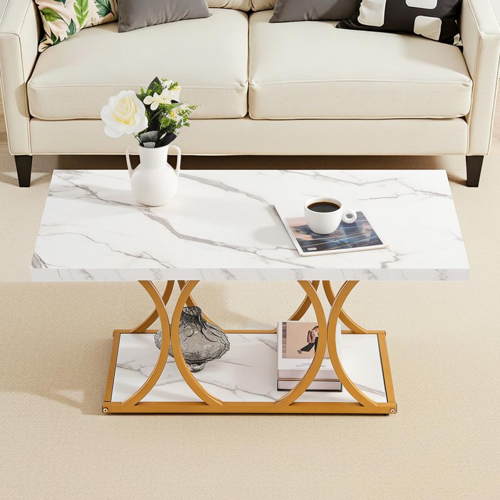 VEVOR Coffee Table, Modern Faux Marble Coffee Table, 2-Tier Rectangle Center Desk with Geometric Legs