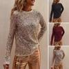 Women Tops Round Neck Long Sleeve Pullover Tops Shiny Sequins Decoration Regular