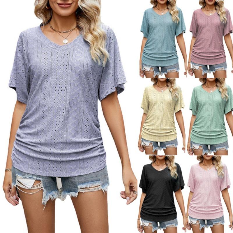 Summer Women's T-shirt with Hollowed Out V-neck Pleated Casual Top