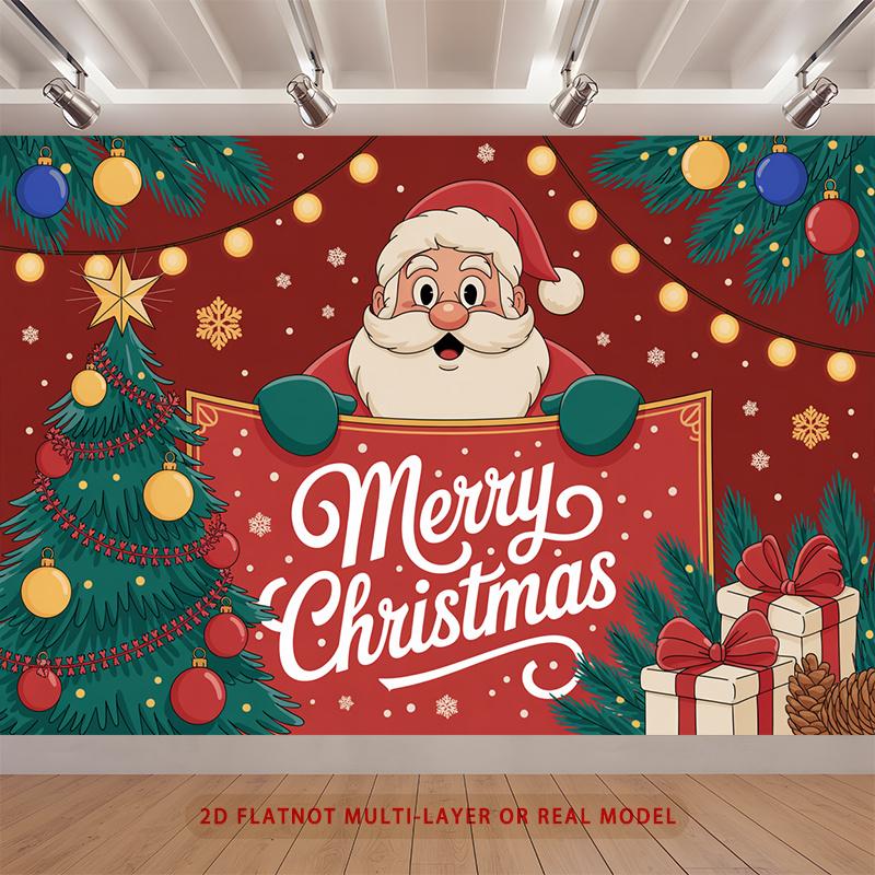 Party Backdrop Santa Claus Christmas Red Flat Festive Santa Claus Trees Ornaments Photo Booth Background Front Door Decor
