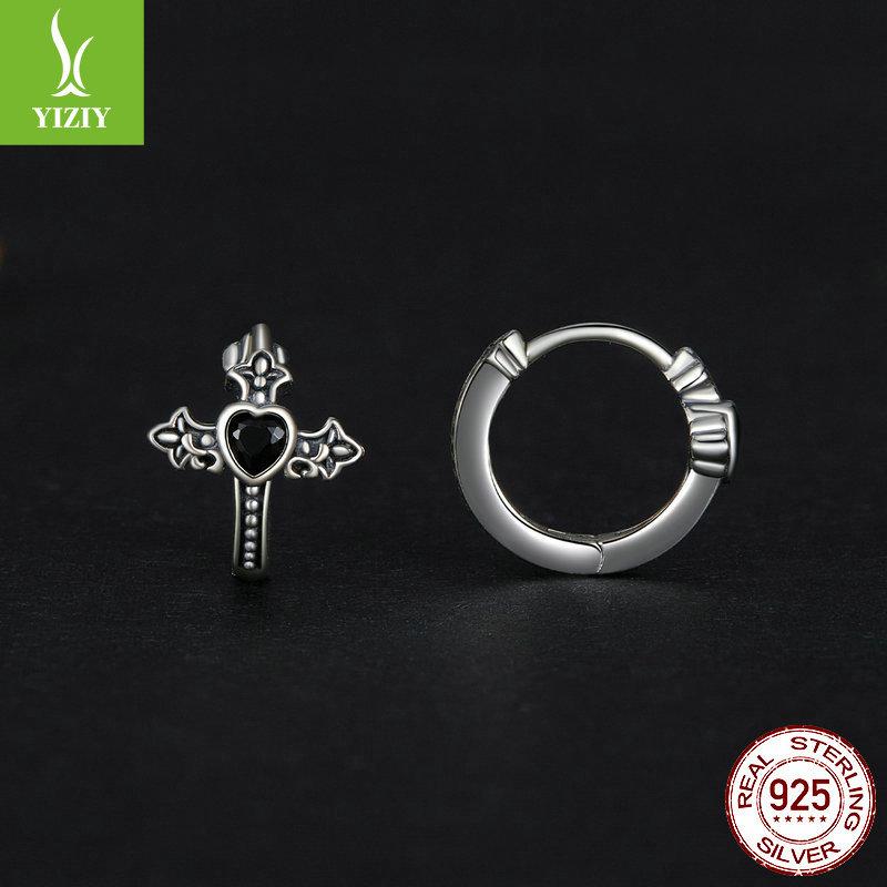 Halloween Vintage Cross Ear Buckles, Ornament Black Zircon S925 Sterling Silver Earrings