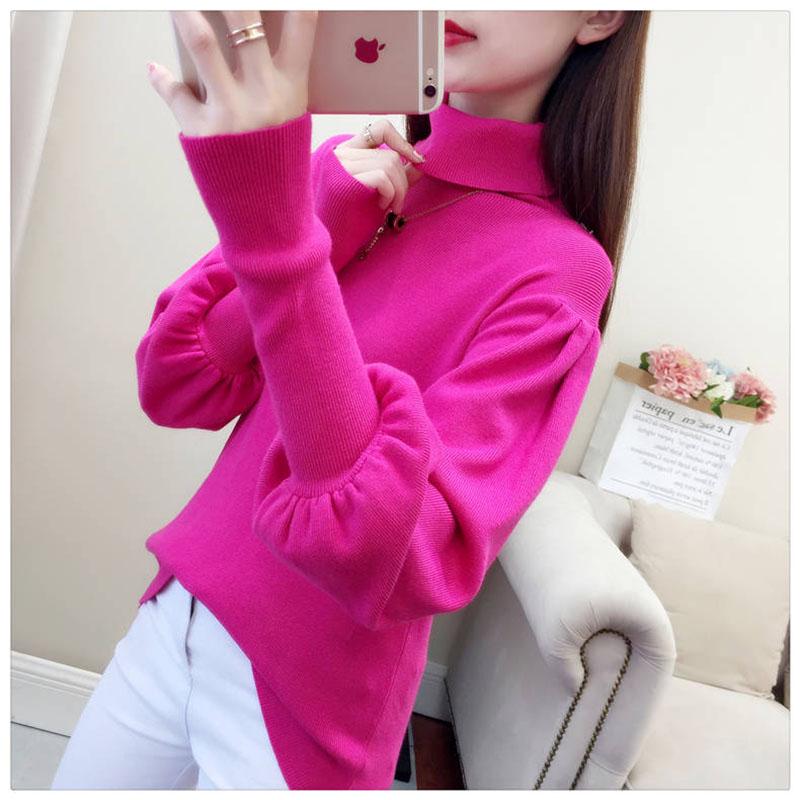 Женский пуловер с высоким воротником, свитер, теплый зимний свободный вязаный джемпер с рукавами-фонариками больших размеров