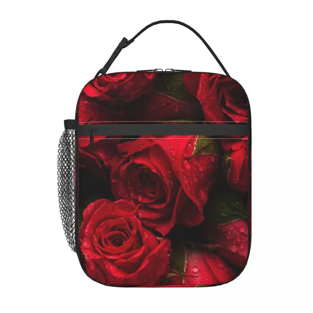 Red Rose Floral Design Insulated Lunch Bag for Women Kids Portable Food Boxes Thermal Lunch Box Tote