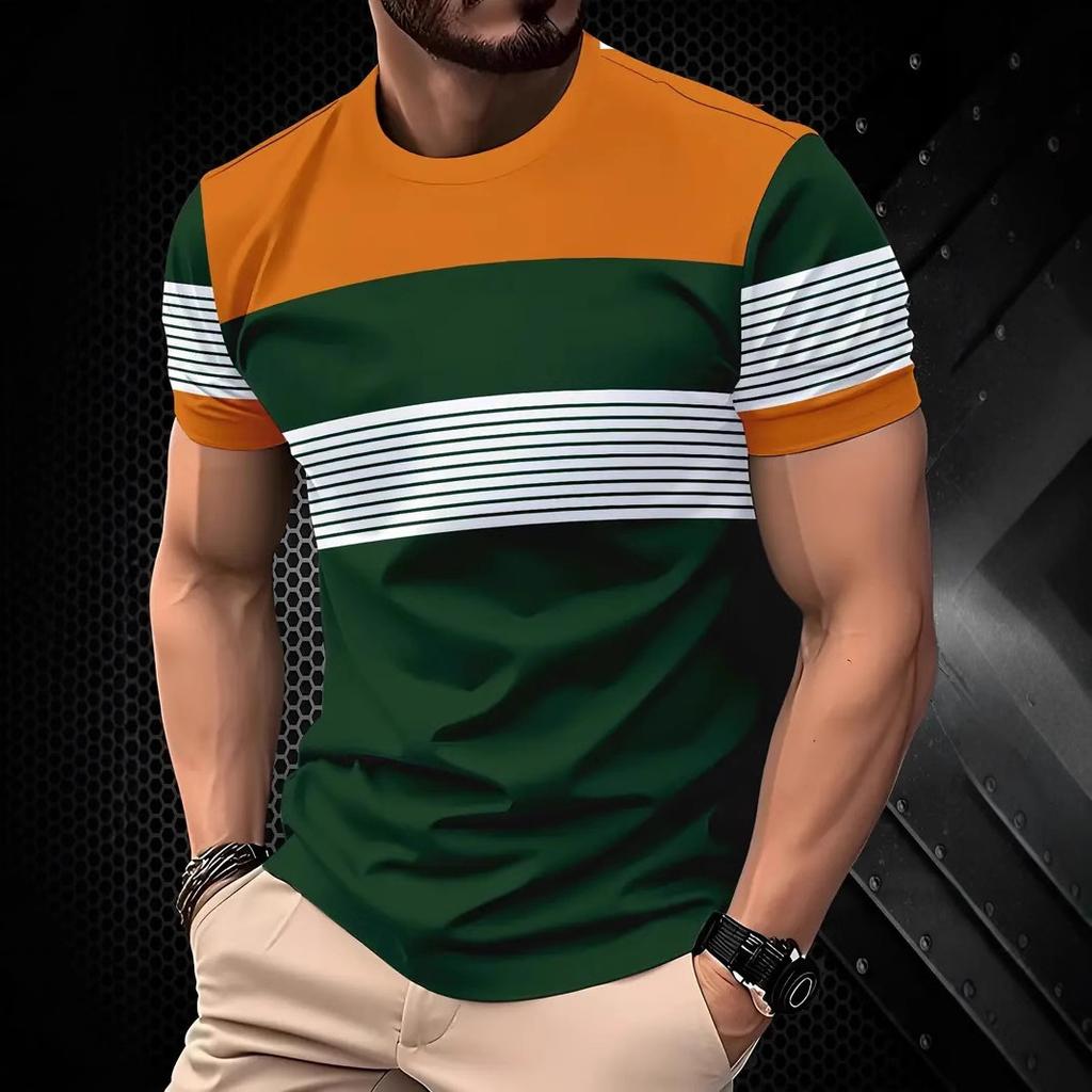 Summer Round Neck Striped Contrasting 3D Print Top Fashionable Casual Simple Short Sleeved Men's T-shirts