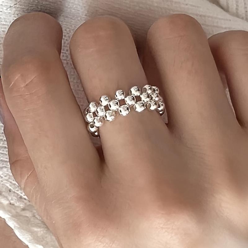 Huitan Beaded Chain Ring for Women Minimalist Multi-row Round Ball Wide Band Stackable Finger Ring Daily Party Trendy Jewelry