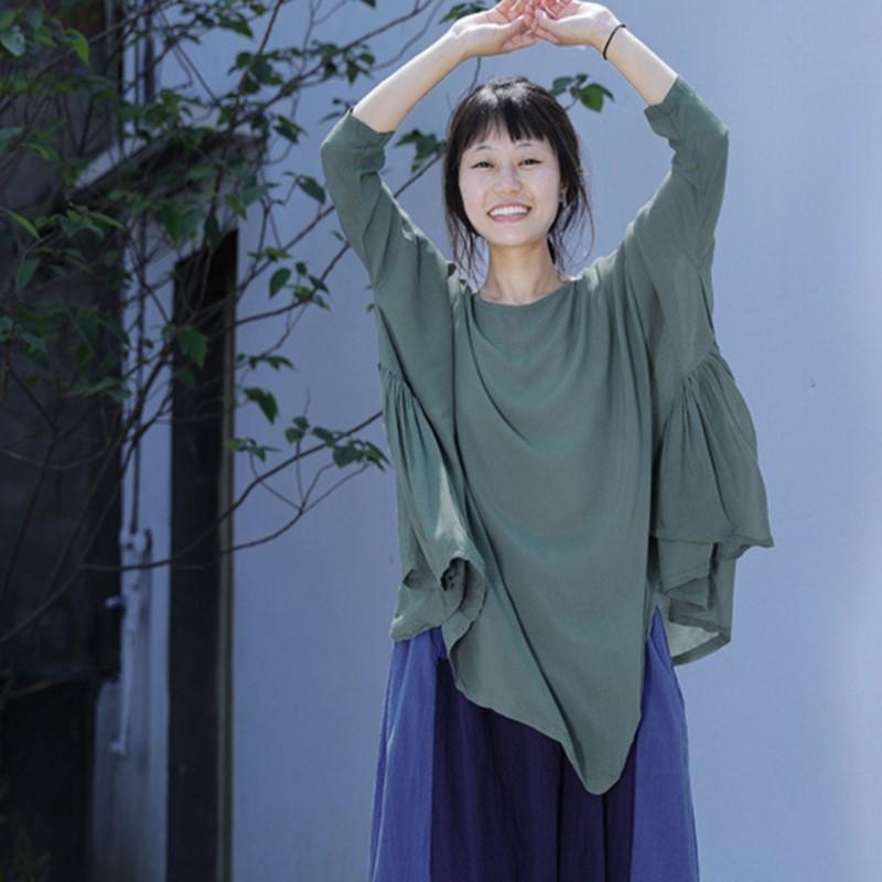 Johnature Women Irregular Vintage Summer T-Shirts O-Neck Long Sleeve Cotton Blend Solid Color Tees Soft Women T-Shirts