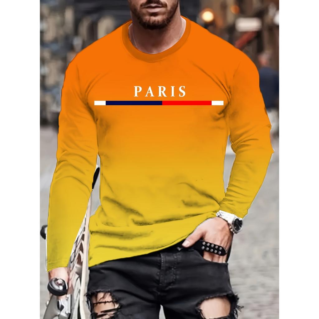 Men Gradient Paris Graphic Print T-shirt, Casual Long-sleeved Round Neck T-shirt, Men's Outdoor Clothing Spring And Autumn Wear
