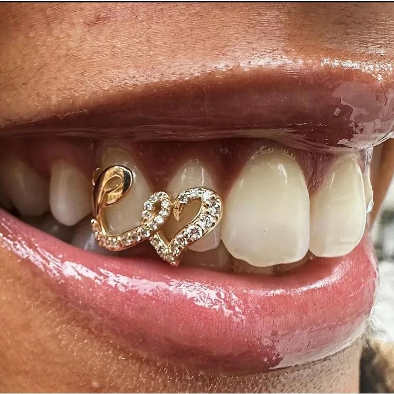 Двухсердечные Grillz с покрытием из 24-каратного золота - Микро-паве из циркона, Хип-хоп, Зубные украшения, Съемные золотые зубы для вечеринок и музыкальных мероприятий