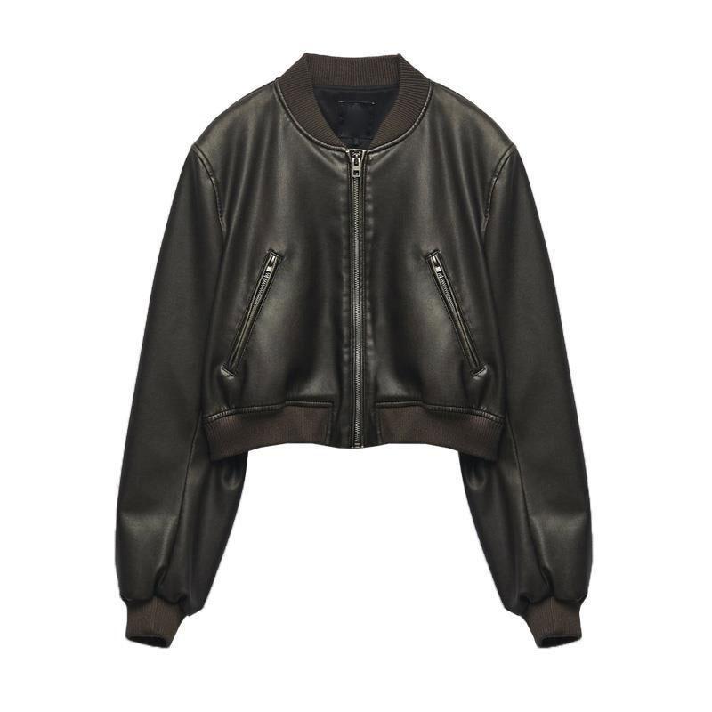 PU Street Trendy Short Fit Fashion Women Bomber Jacket Chic Cropped Leather Coat Female Stand Collar Gothic Racing Jackets Motorcycle Jacket